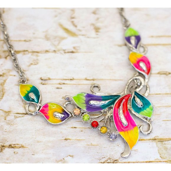 18 inch, Vintage Rainbow Leaves Silver Tone Bib Necklace - BT1 - Picture 1 of 3